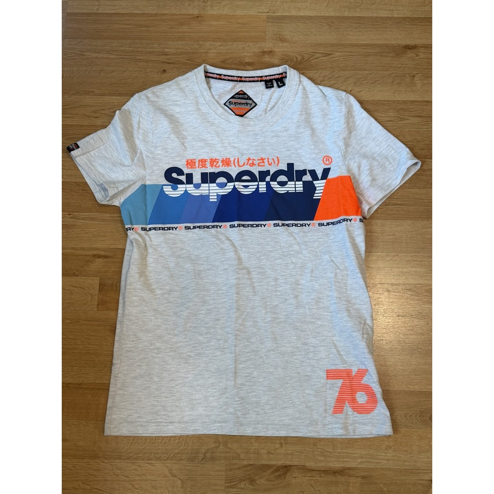 Superdry Mens Graphic T-Shirt Gray Marl Logo Stripe Short Sleeve Tee Large